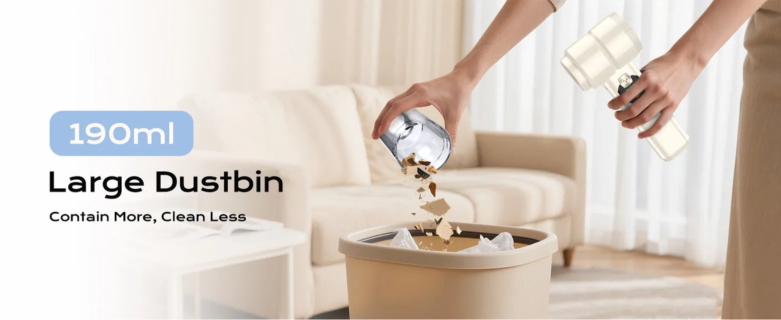 White 4-in-1 cordless car vacuum with a removable 190 ml dustbin being emptied into a trash bin