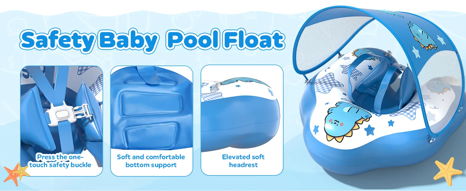 Blue DOPTOY baby pool float with a harness buckle, cushioned bottom support, raised head support, and removable sun canopy