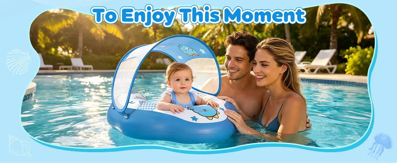 Blue DOPTOY baby pool float with a removable sun canopy used under close adult supervision in an outdoor pool