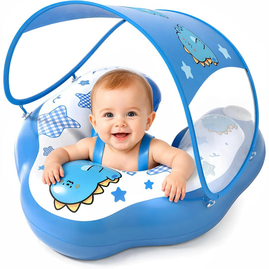 Blue DOPTOY baby pool float with a removable sun canopy and harness on a white background