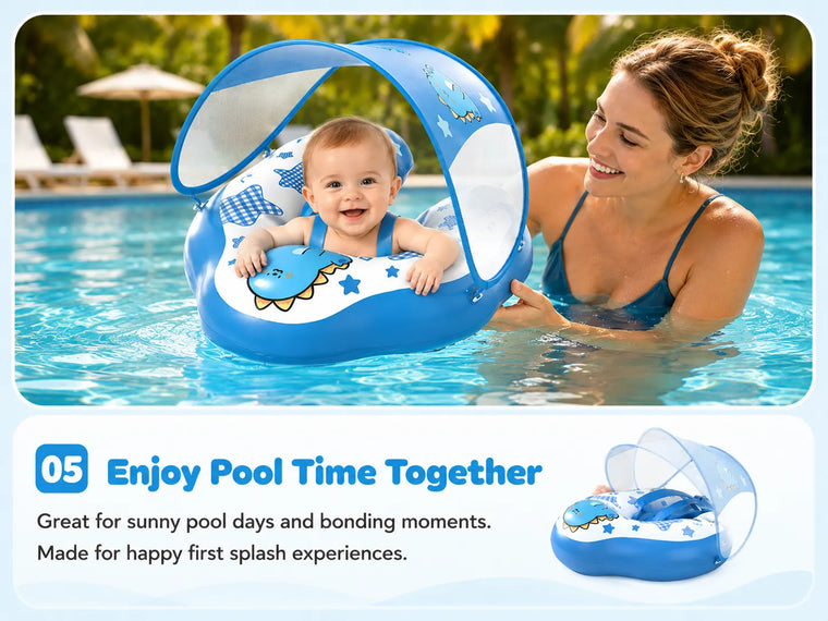 Blue DOPTOY baby pool float with a removable sun canopy held by an adult during supervised outdoor pool time