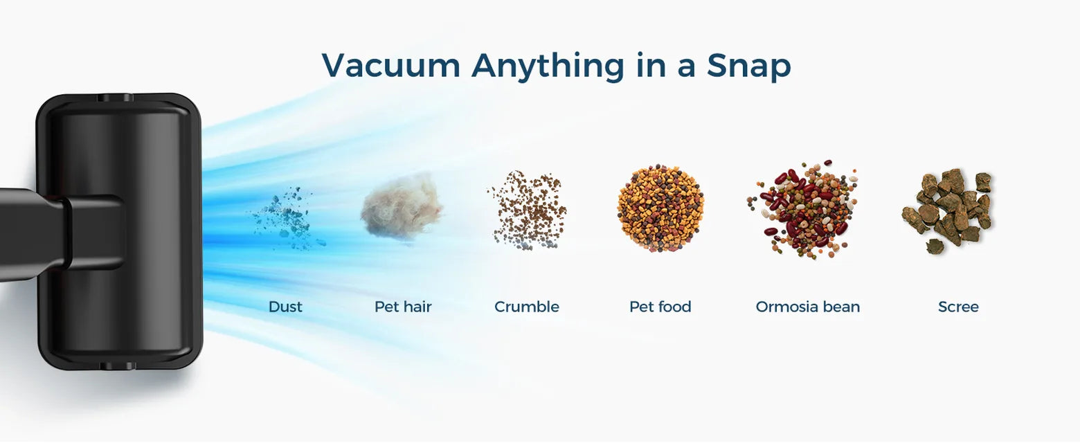 Gloss black MBNGF cordless car vacuum demonstrating suction for dust, pet hair, food crumbs, pet food, and small dry debris