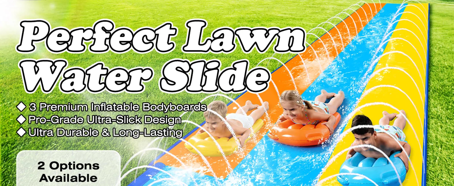 Three children using yellow, orange, and blue bodyboards on a three-lane backyard slip and slide with surround sprinklers