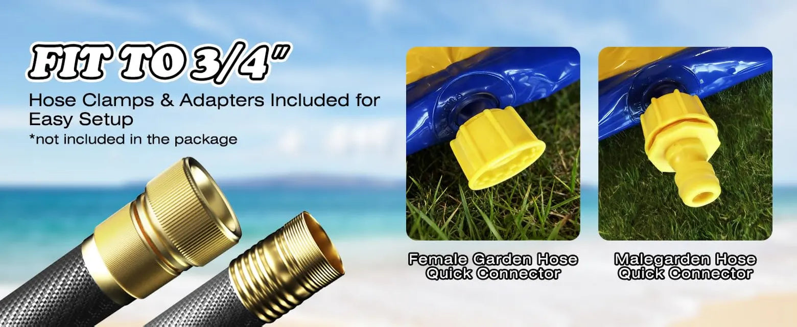 Backyard slip and slide hose connection guide showing included adapters for 3/4-inch garden hose fittings