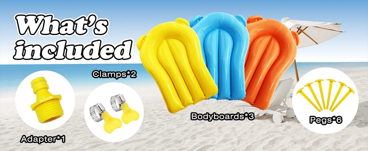 Backyard slip and slide accessories including three bodyboards, one hose adapter, two clamps, and six ground pegs