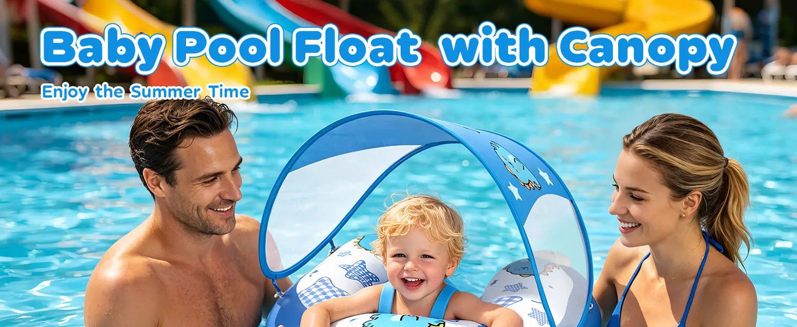Child seated in a blue DOPTOY baby pool float with a removable canopy while supervised by two adults in a swimming pool