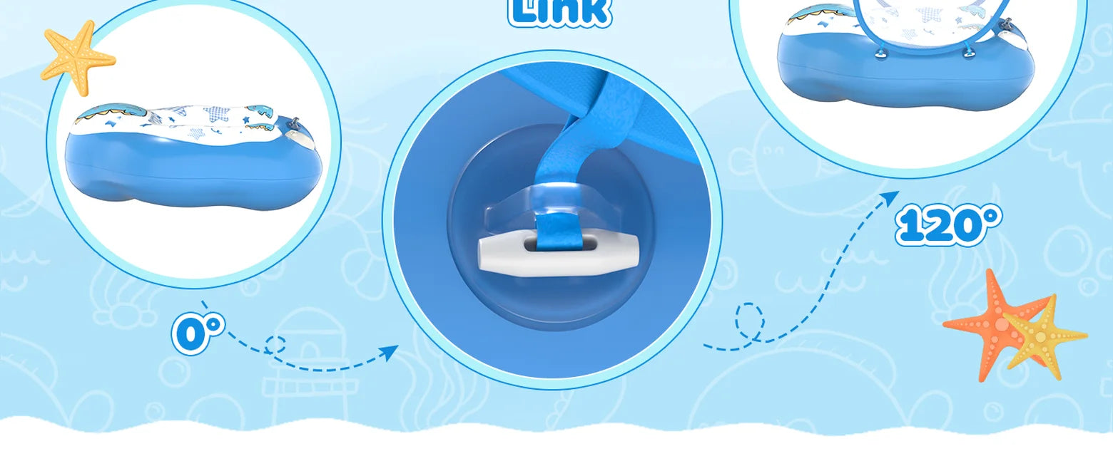 DOPTOY baby pool float detail graphic showing the removable canopy connector and adjustable 0-to-120-degree angle