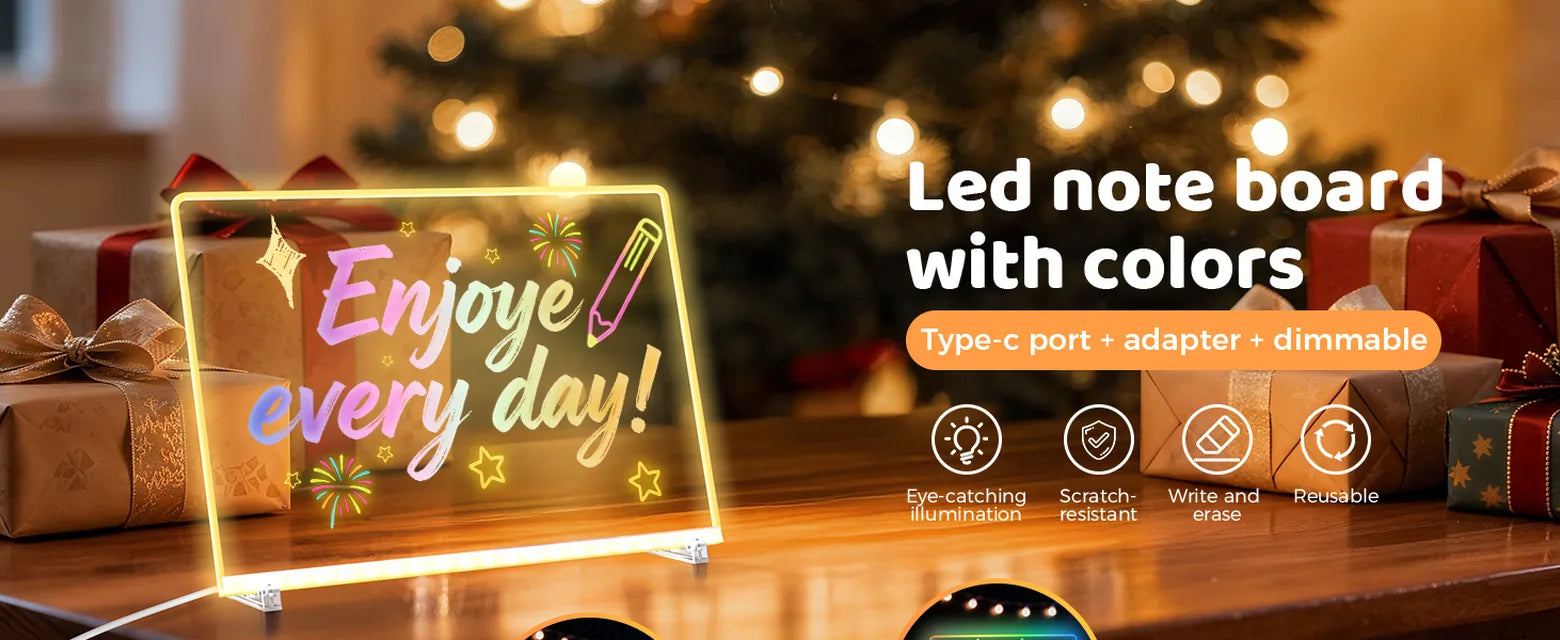 EHINI LED drawing board displaying colorful handwritten notes beside wrapped holiday gifts