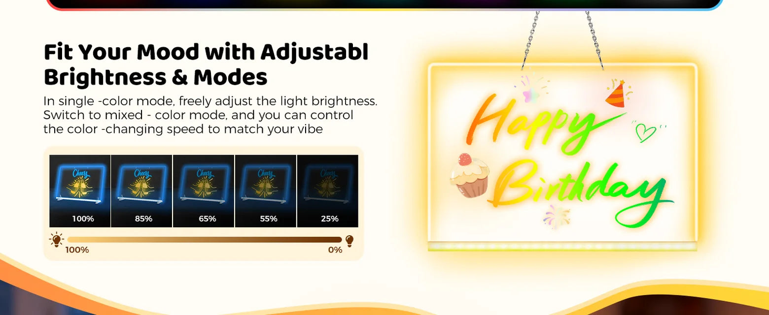 EHINI LED drawing board showing adjustable brightness levels and color-changing light modes with a birthday message display