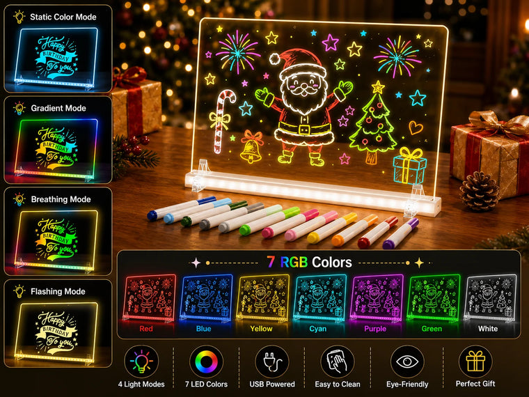 White EHINI LED drawing board displaying a colorful Christmas Santa design with four light modes, seven LED color options, and 12 fluorescent markers