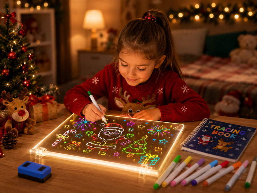 Child drawing colorful Christmas designs on a white EHINI LED drawing board with fluorescent markers and a tracing book in a festive bedroom setting