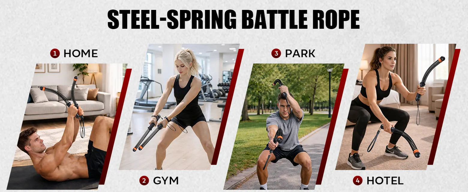 Men and women using black SEDEEP portable ropeless battle ropes for workouts at home, in the gym, at a park, and in a hotel