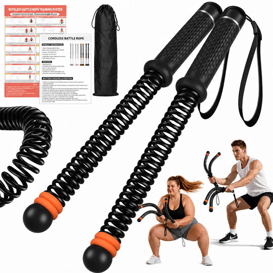 Black SEDEEP portable ropeless battle ropes with wrist straps, a storage bag, fitness poster, and two workout demonstrations on a white background