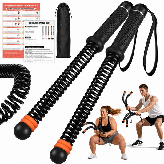 Black SEDEEP portable ropeless battle ropes with wrist straps, a storage bag, fitness poster, and workout demonstrations