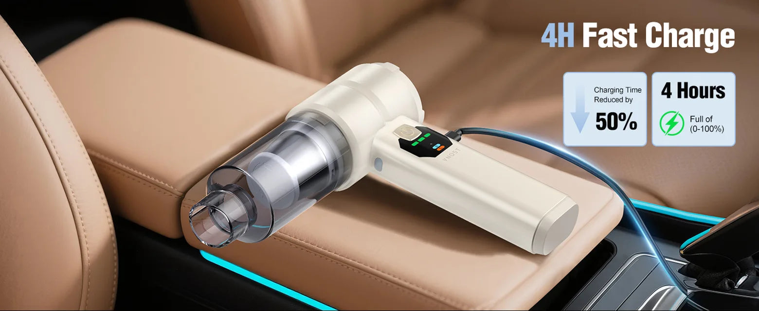 White cordless car vacuum charging inside a car with a Type-C cable and 4-hour fast charging information