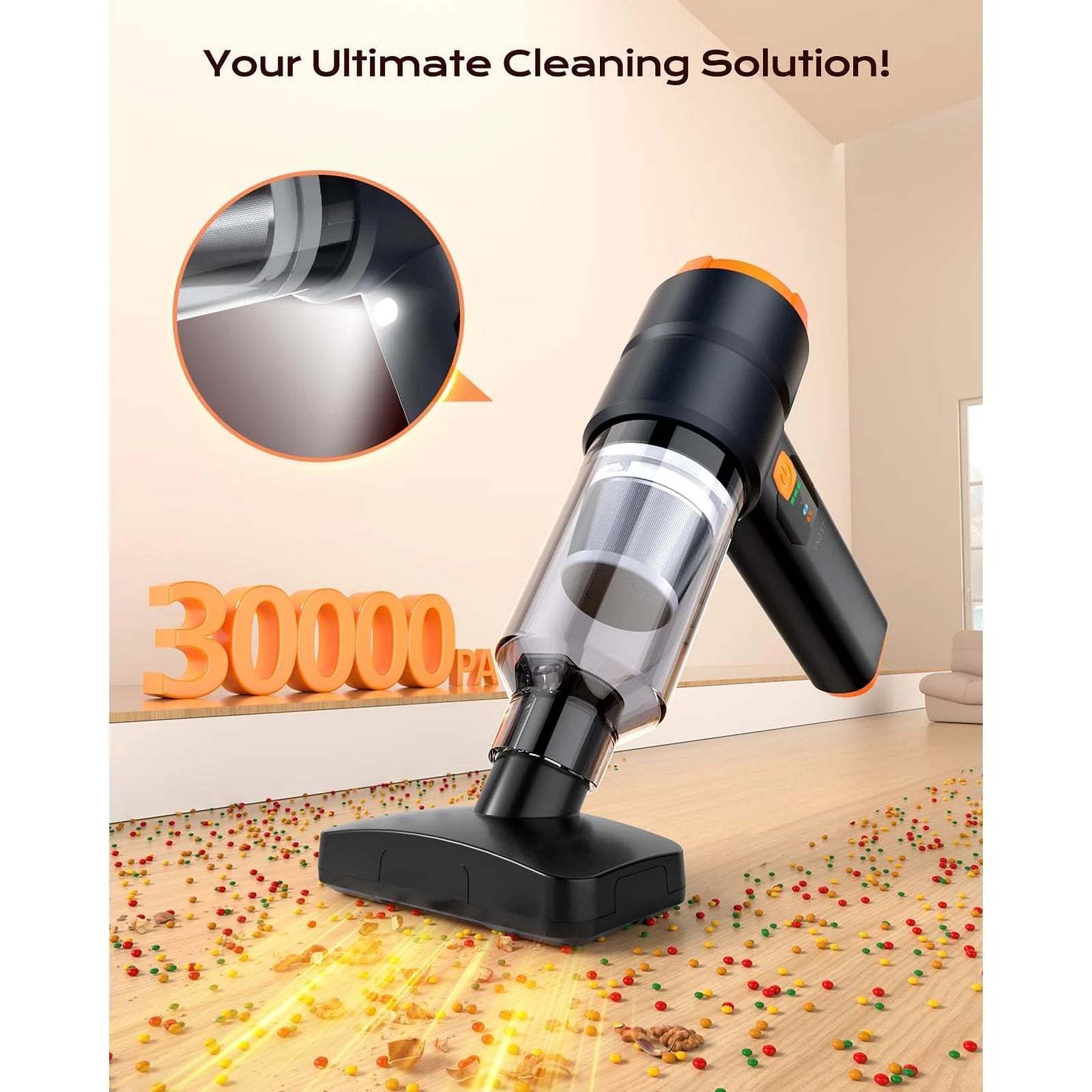 Black cordless car vacuum cleaning crumbs from a wooden floor with a wide brush attachment