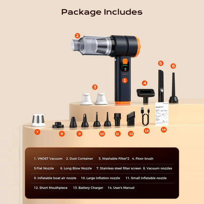 Black 4-in-1 cordless car vacuum package with filters, floor brush, nozzles, charging cable, and user manual