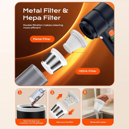 Black cordless car vacuum with removable metal and HEPA filters and illustrated filter cleaning steps