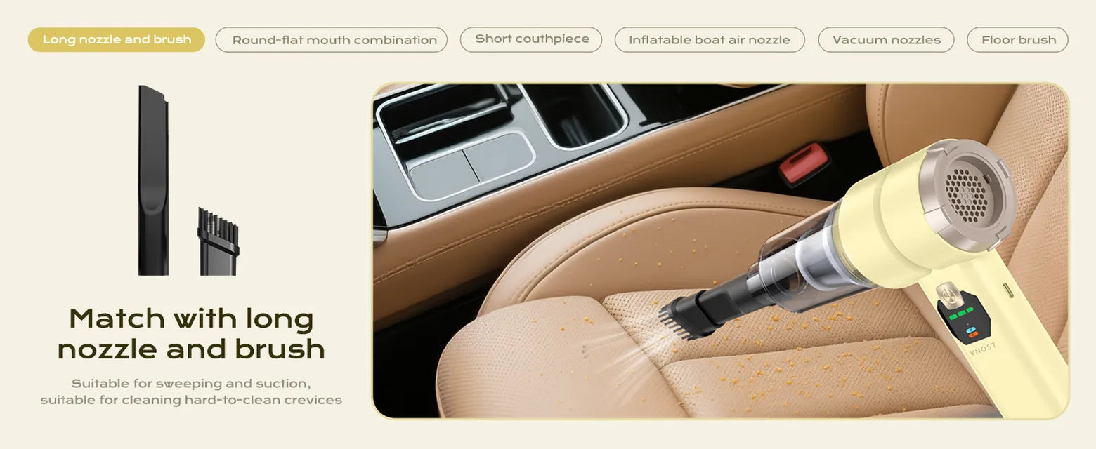 Yellow cordless car vacuum cleaning crumbs from a car seat with a long nozzle and brush attachment