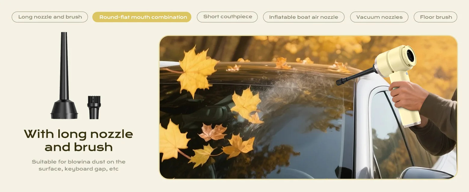 Yellow 4-in-1 cordless vacuum blowing leaves and dust from a car windshield with a long nozzle and brush attachment