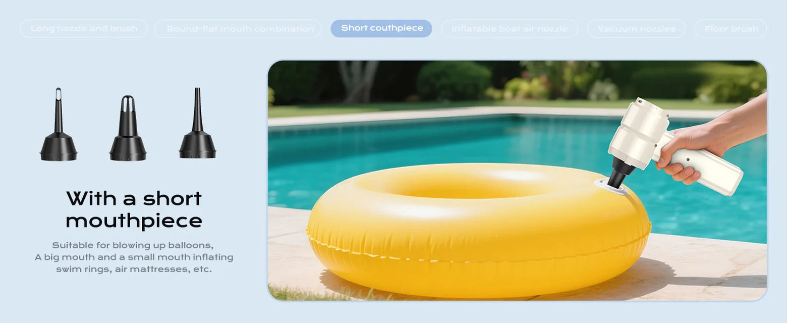 White 4-in-1 cordless vacuum inflating a yellow swim ring with a short mouthpiece by a pool
