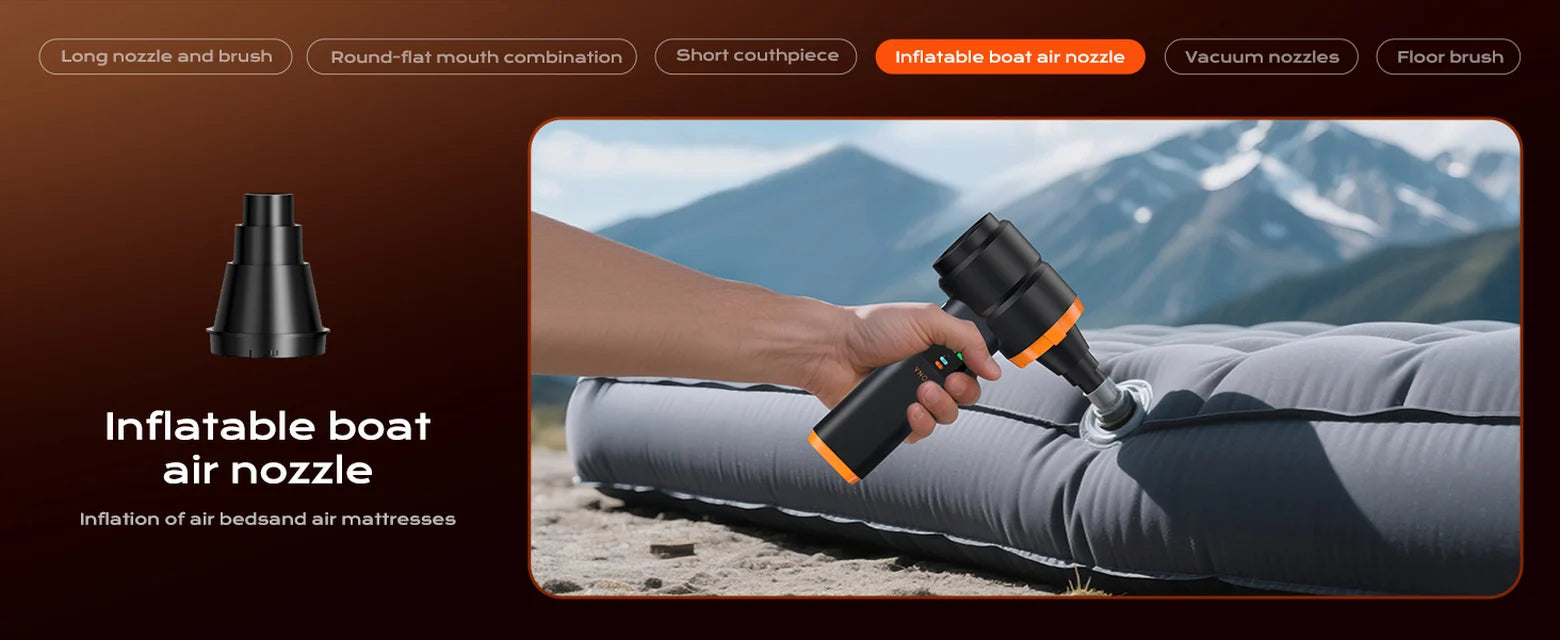 Black 4-in-1 cordless vacuum inflating an outdoor air mattress with an inflatable boat air nozzle