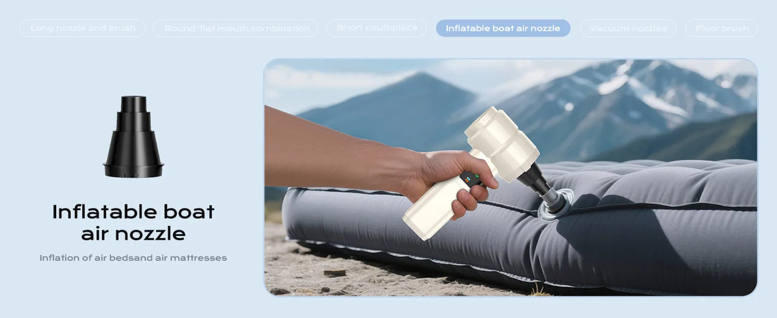 White 4-in-1 cordless vacuum inflating an outdoor air mattress with an inflatable boat air nozzle