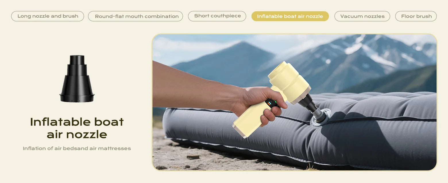 Yellow 4-in-1 cordless vacuum inflating an outdoor air mattress with an inflatable boat air nozzle