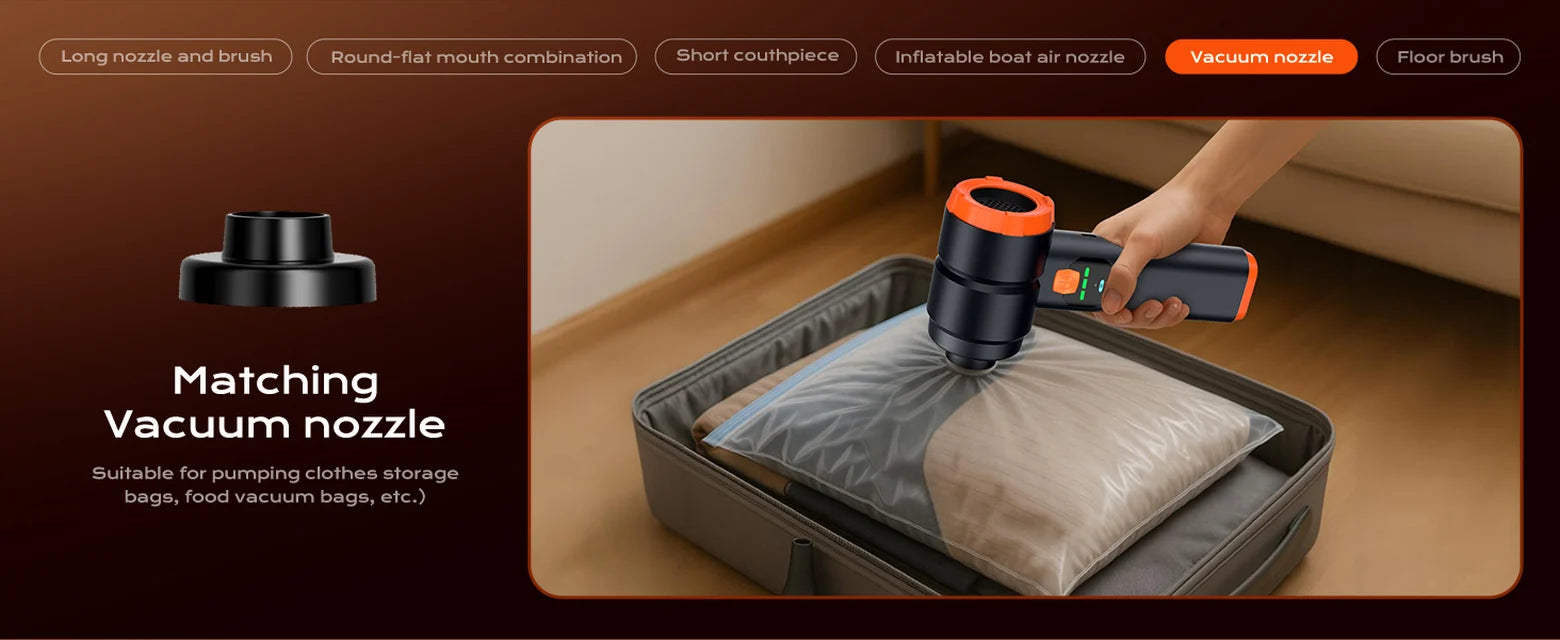 Black 4-in-1 cordless vacuum removing air from a clothing storage bag with a vacuum nozzle inside a suitcase