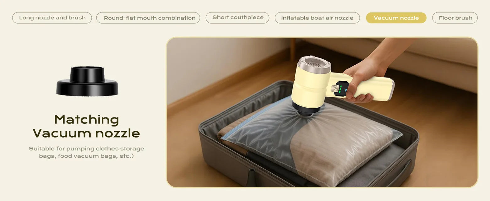 Yellow 4-in-1 cordless vacuum removing air from a clothing storage bag with a vacuum nozzle inside a suitcase