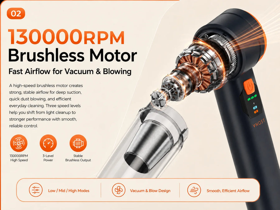 Black cordless car vacuum with a 130000 RPM brushless motor, three power levels, and vacuum and blowing modes