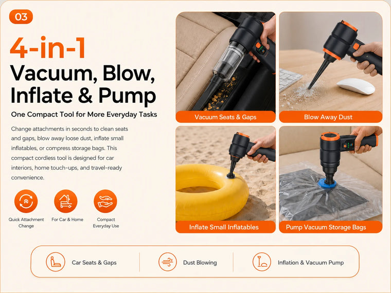 Black 4-in-1 cordless car vacuum infographic showing vacuuming, blowing, inflating, and compressing storage bags