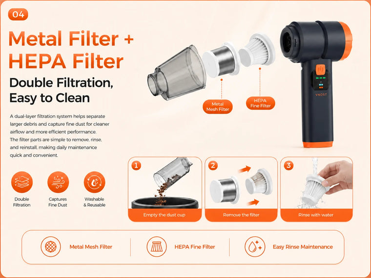 Black cordless car vacuum with removable metal mesh and HEPA filters and illustrated cleaning steps