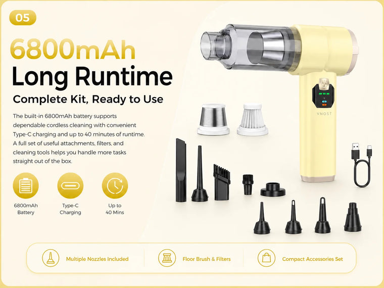 Yellow 4-in-1 cordless car vacuum with 6800mAh battery, Type-C charging, 40-minute runtime, and cleaning accessories