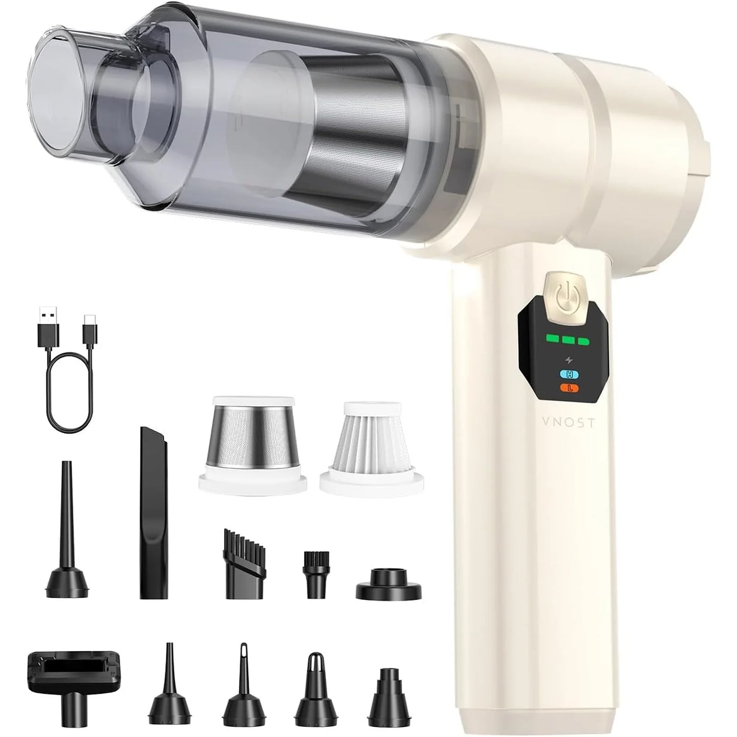 White 4-in-1 cordless car vacuum with filters, cleaning nozzles, floor brush, and charging cable