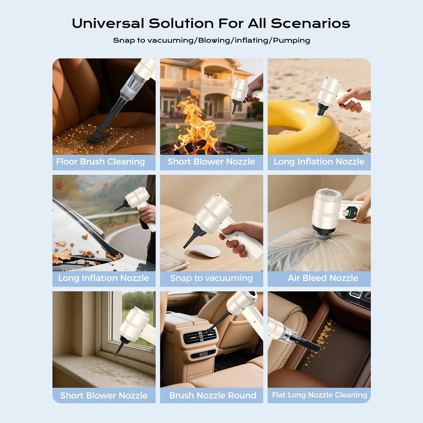 White 4-in-1 cordless car vacuum shown vacuuming, blowing, inflating, and cleaning in multiple car and home scenarios