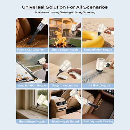 White 4-in-1 cordless car vacuum shown vacuuming, blowing, inflating, and cleaning in multiple car and home scenarios