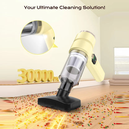 Yellow SEDEEP cordless handheld vacuum cleaning crumbs from a wooden floor with a wide brush attachment