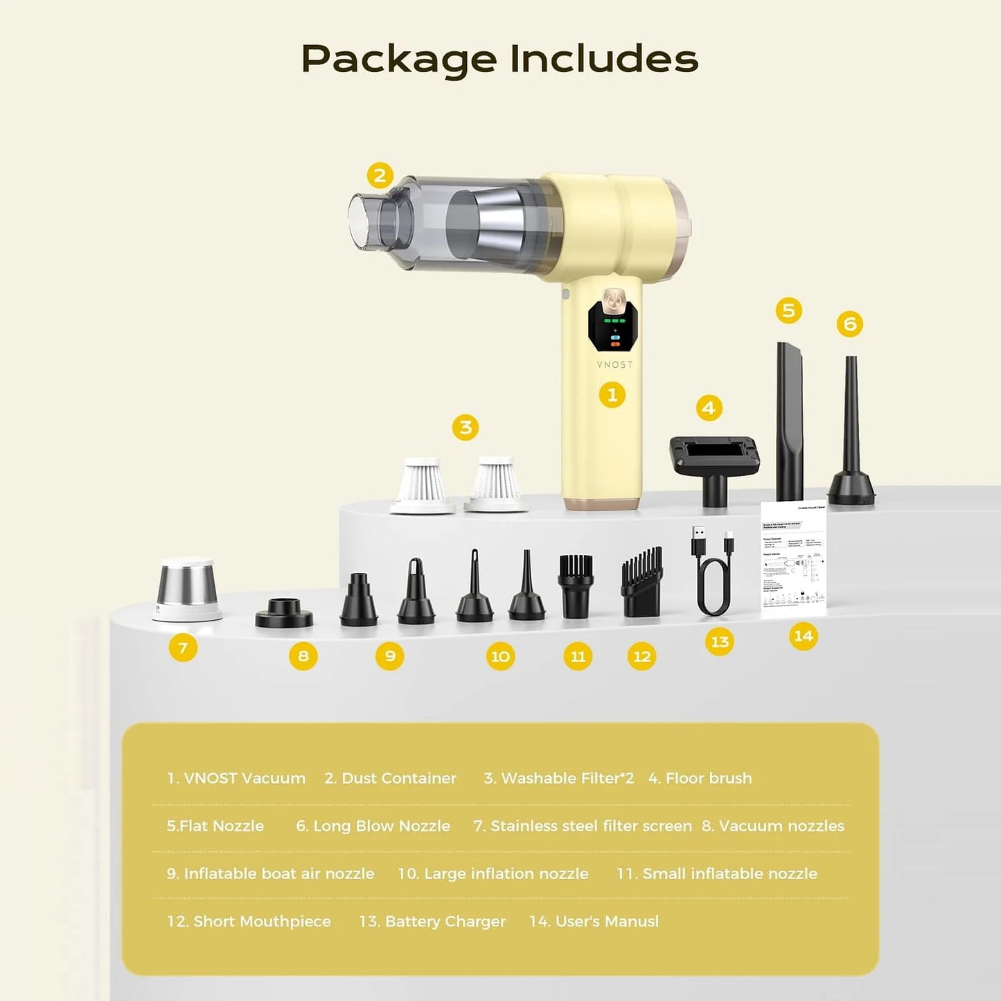 Yellow 4-in-1 cordless car vacuum package with filters, floor brush, nozzles, charging cable, and user manual