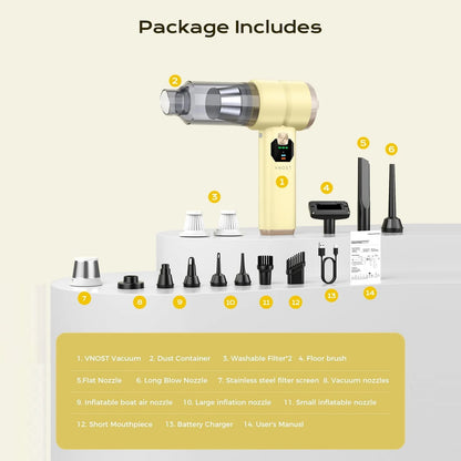 Yellow 4-in-1 cordless car vacuum package with filters, floor brush, nozzles, charging cable, and user manual