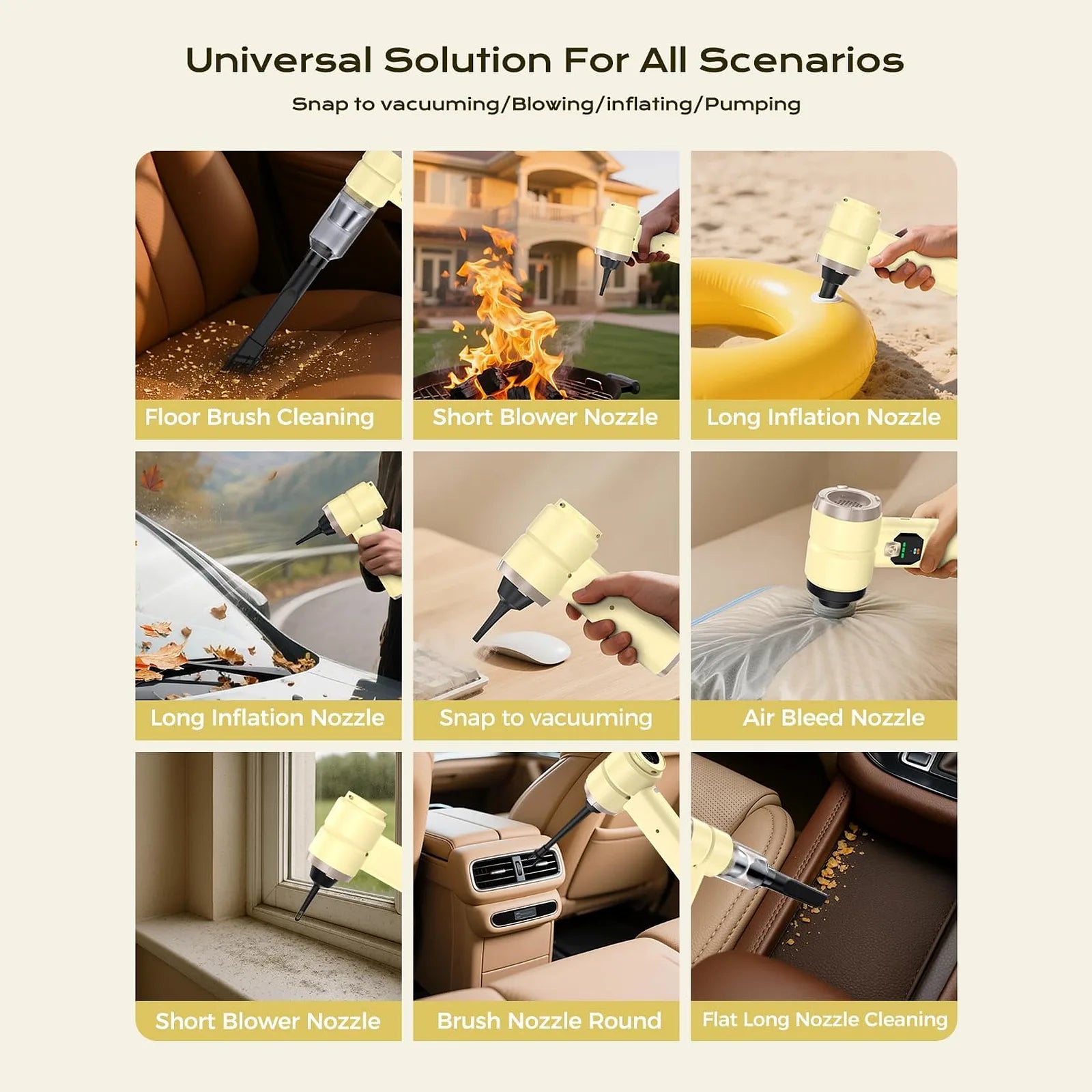 Yellow 4-in-1 cordless car vacuum shown vacuuming, blowing, inflating, and cleaning in multiple car and home scenarios