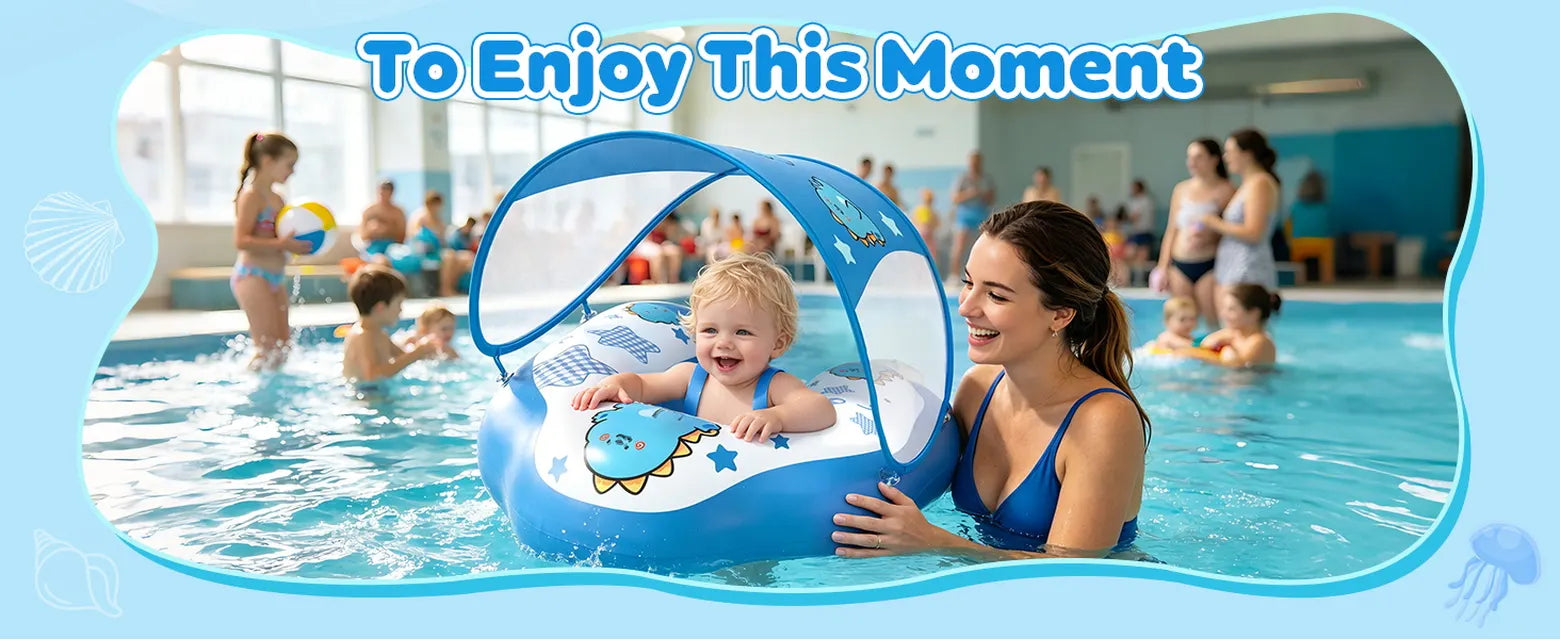 Blue DOPTOY baby pool float with a removable sun canopy used under close adult supervision in an indoor swimming pool