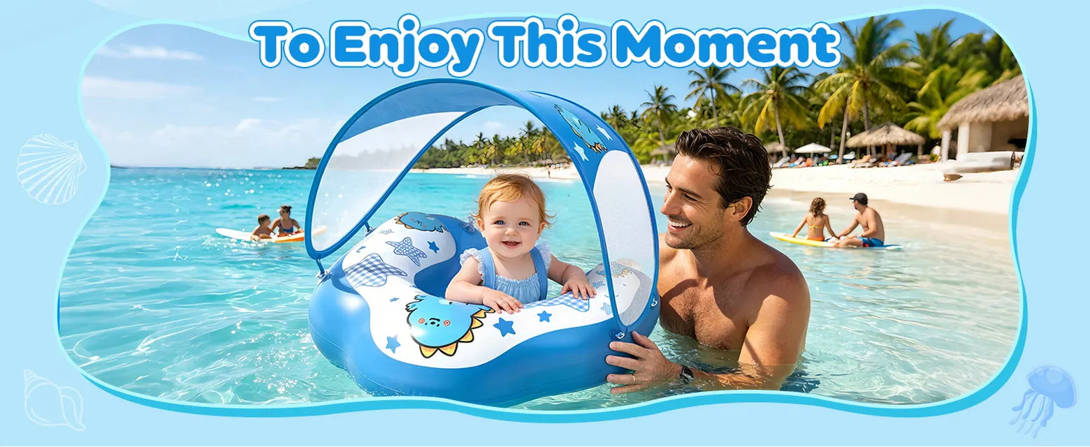 Blue DOPTOY baby pool float with a removable sun canopy held by an adult in calm shallow beach water