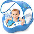 Blue DOPTOY baby pool float with a removable sun canopy and harness on a white background
