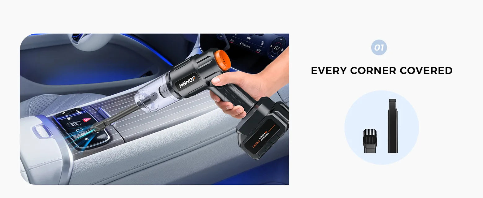 Gloss black MBNGF cordless car vacuum cleaning narrow gaps in a car center console with a flat suction nozzle