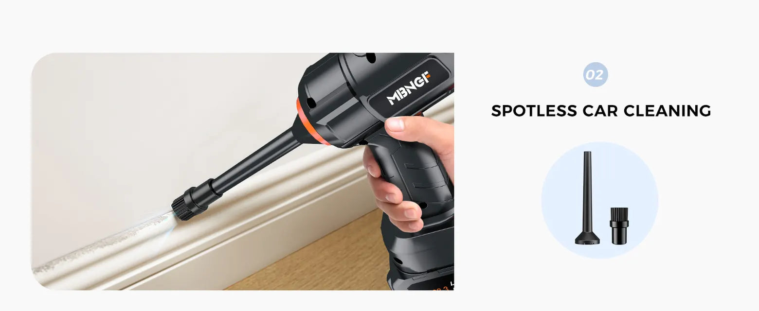 Gloss black MBNGF cordless car vacuum in blower mode clearing dry dust from a baseboard with a long nozzle and round brush