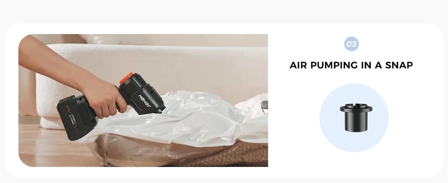 Gloss black MBNGF cordless car vacuum extracting air from a compatible vacuum storage bag with an air extraction nozzle