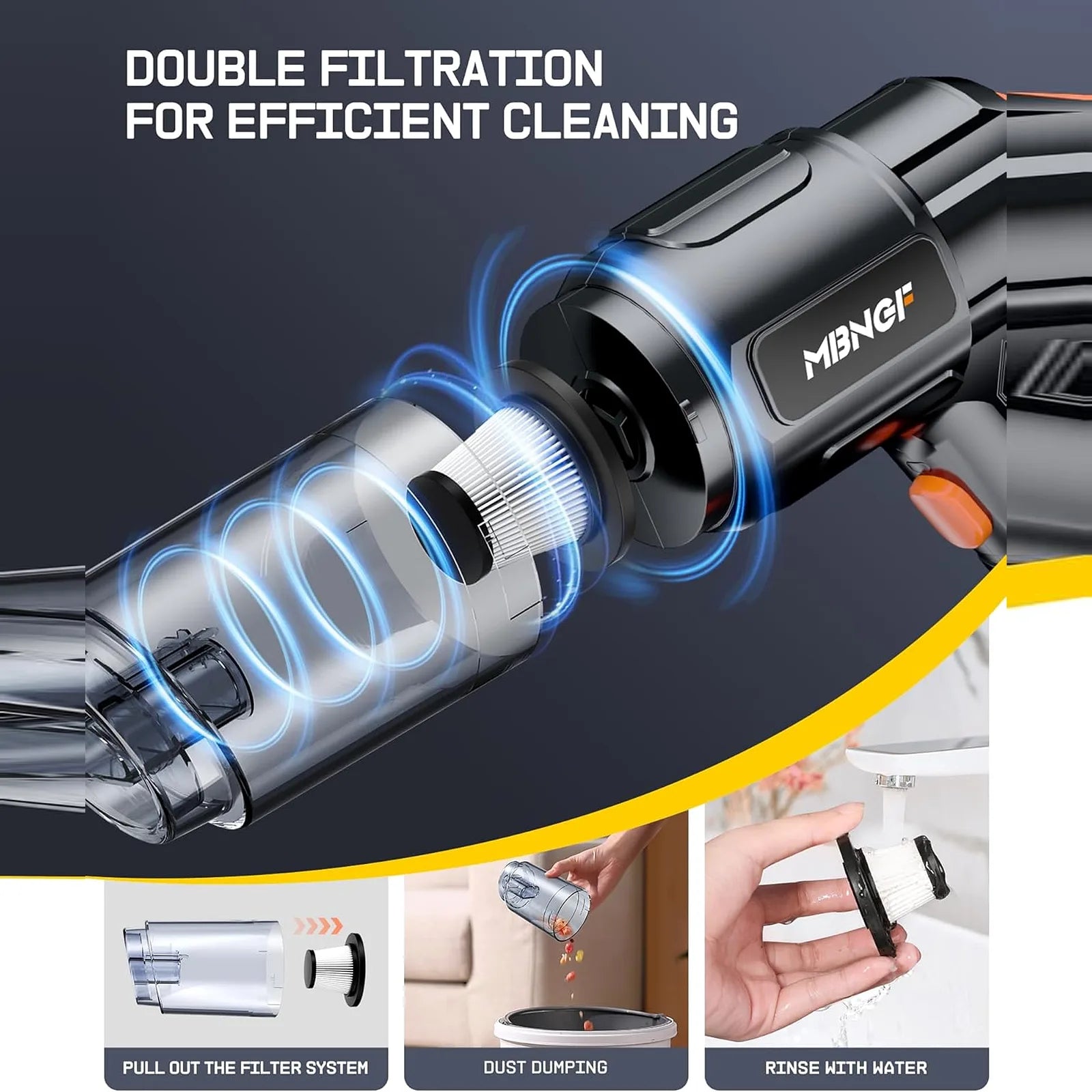 Gloss black MBNGF cordless car vacuum with a dual-filter dust cup, removable filter assembly, and maintenance steps