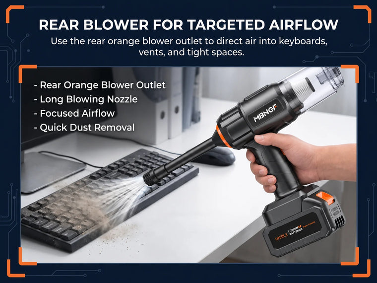 MBNGF cordless car vacuum using the rear blower and long nozzle to remove dust from a computer keyboard