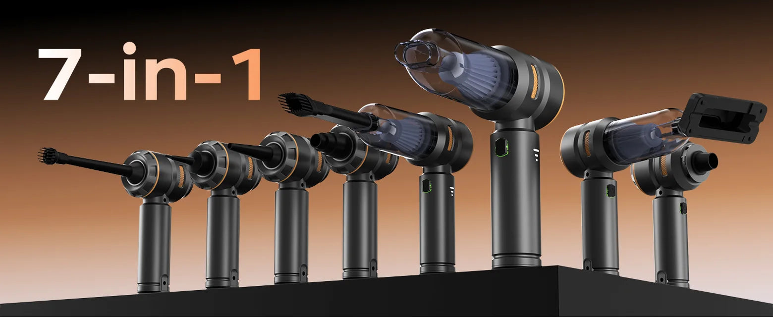 Black VNOST cordless car vacuum shown with multiple nozzle attachments for vacuuming, blowing, inflation, and air extraction